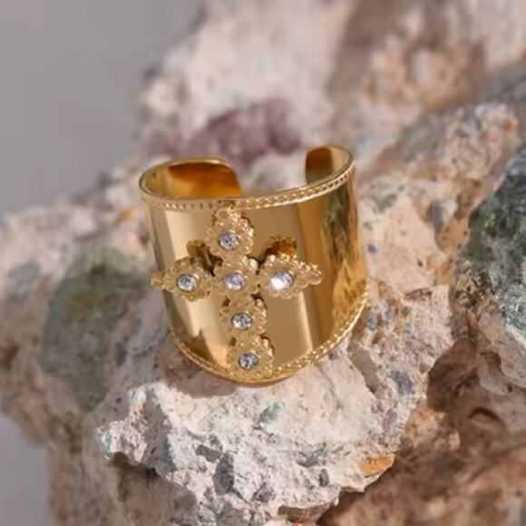 Gold Cross Ring Stainless Steel Adjustable Punk Tribal Boho - Picture 6 of 8